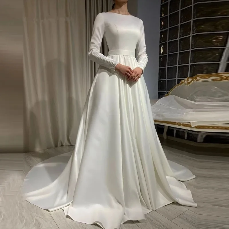 2025 Simple A-line Wedding Dress Scoop Long Sleeves Pearls Sweep Train Satin Muslim Bride Bridal Gowns Vestidos De Novia
2025 Simple A-line Wedding Dress Scoop Long Sleeves Pearls Sweep Train Satin Muslim Bride Bridal Gowns Vestidos De Novia