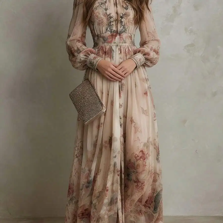 Elegant Vintage Floral Chiffon Maxi Gown With Modest Round Neck, Long Sheer Blouson Sleeves, And Softly Cinched Waist
Elegant Vintage Floral Chiffon Maxi Gown With Modest Round Neck, Long Sheer Blouson Sleeves, And Softly Cinched Waist