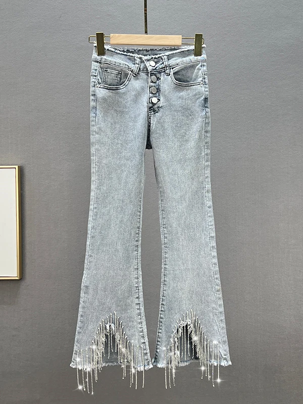 European Style Tassel Trim Jeans Women's Multi-Buckled High Waist Slimming Diamond Embellished Bell Bottoms Summer New Arrival
European Style Tassel Trim Jeans Women's Multi-Buckled High Waist Slimming Diamond Embellished Bell Bottoms Summer New Arrival