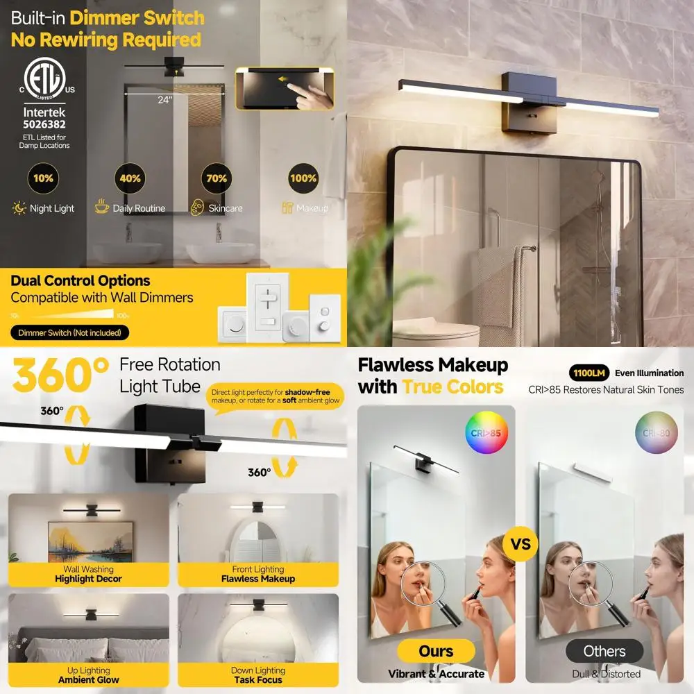 24 Inch 4-Level Dimming 14W Dimmable 5CCT LED Bathroom Vanity Light Fixture Over Mirror, Black, Bedroom Cabinet, CC & ETL Certif
24 Inch 4-Level Dimming 14W Dimmable 5CCT LED Bathroom Vanity Light Fixture Over Mirror, Black, Bedroom Cabinet, CC & ETL Certif