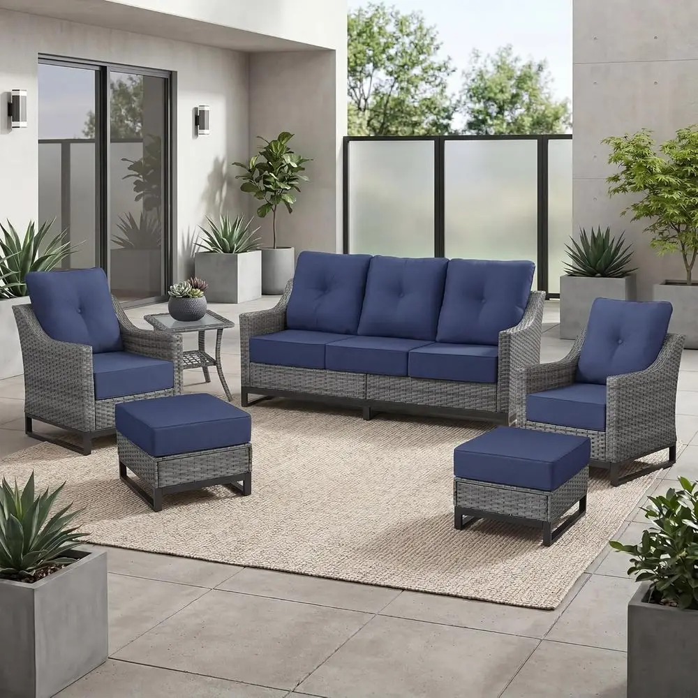 6-Piece Grey Wicker Outdoor Furniture Set with Chairs, Sofa, Ottomans, and Side Table, Plush Cushions, Ideal for Patio, Deck
6-Piece Grey Wicker Outdoor Furniture Set with Chairs, Sofa, Ottomans, and Side Table, Plush Cushions, Ideal for Patio, Deck