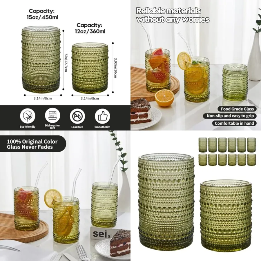 Vintage Hobnail Drinking Glasses Set of 12, 15 oz Highball Glasses 12 oz Cocktail Glasses Set, Green Kitchen Water Glasses Cup,
Vintage Hobnail Drinking Glasses Set of 12, 15 oz Highball Glasses 12 oz Cocktail Glasses Set, Green Kitchen Water Glasses Cup,