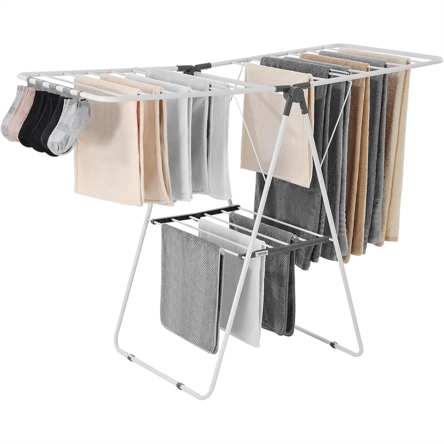 2-Tier Foldable Clothes Drying Rack with 21 Rods & Sock Clips, Height Adjustable Laundry Dryer for Indoor Outdoor, Space-Saving
2-Tier Foldable Clothes Drying Rack with 21 Rods & Sock Clips, Height Adjustable Laundry Dryer for Indoor Outdoor, Space-Saving