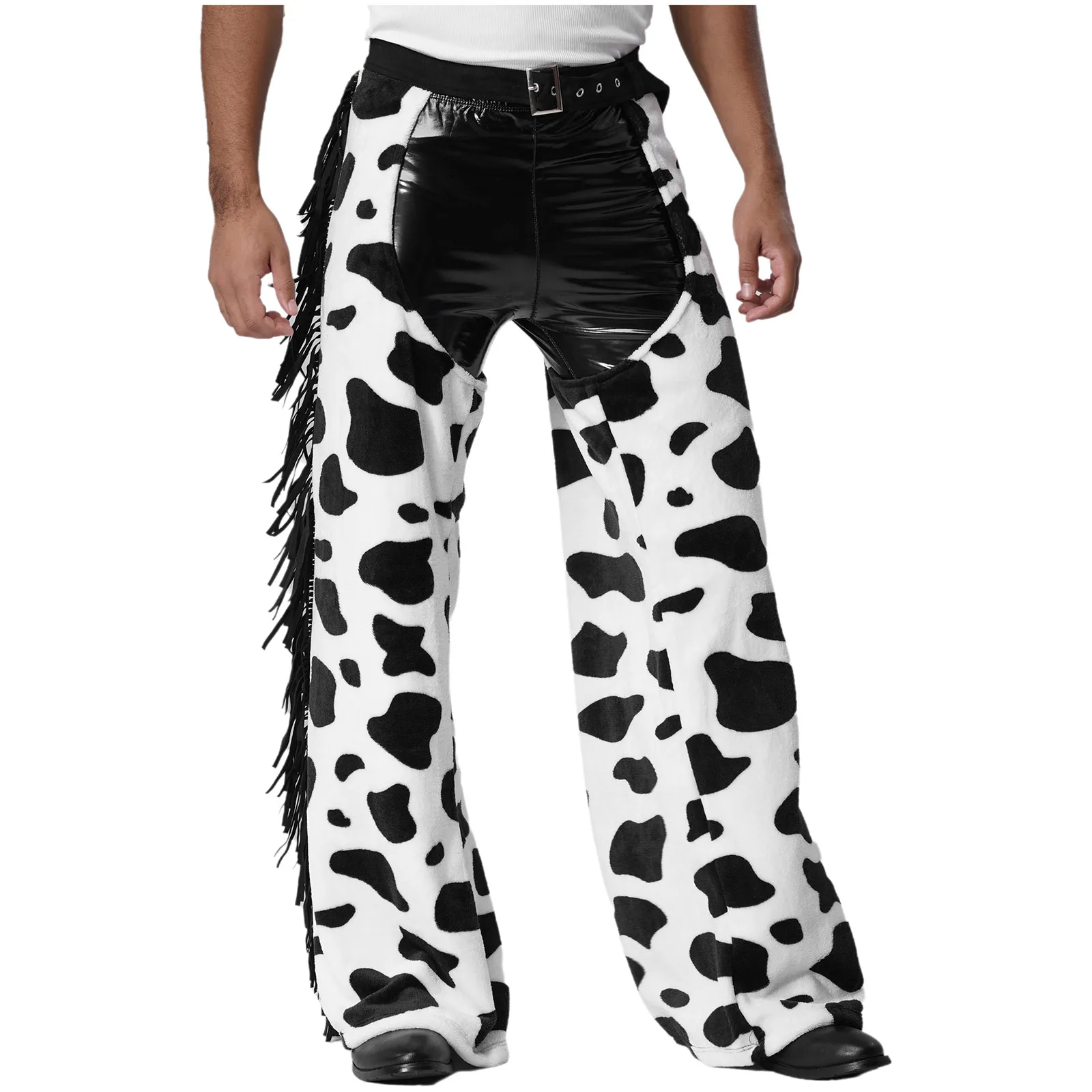 Mens Tassel Open Crotch Biking Riding Cowboy Cospaly Costume Cow Spot Pattern Side Chaps Flannel Long Pants Halloween Outfits
Mens Tassel Open Crotch Biking Riding Cowboy Cospaly Costume Cow Spot Pattern Side Chaps Flannel Long Pants Halloween Outfits