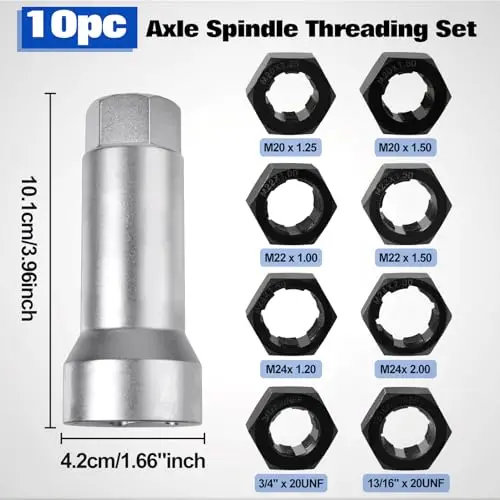 10-Piece Axle Spindle Thread Repair Tool Set With 8 Dies, 1-1/16 Inch Extension Bar For M20, M22, M24, 3/4 & 13/16 UNEF
10-Piece Axle Spindle Thread Repair Tool Set With 8 Dies, 1-1/16 Inch Extension Bar For M20, M22, M24, 3/4 & 13/16 UNEF