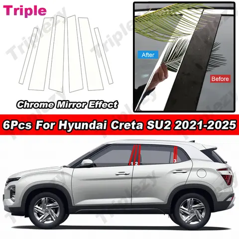 For Hyundai Creta SU2 2021-2025 6Pcs Exterior Glossy Chrome Car Door Window Middle B C Pillar Post Column Cover Trim Sticker