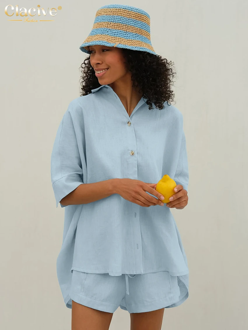 Clacive Fashion Loose Blue Cotton Two Piece Outfits Woman 2025 Elegant Short Sleeve Shirt With High Waist Shorts Set Female
Clacive Fashion Loose Blue Cotton Two Piece Outfits Woman 2025 Elegant Short Sleeve Shirt With High Waist Shorts Set Female