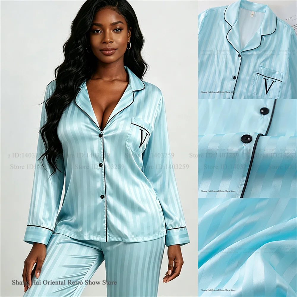 New Female Pajams Set Fashion Stripe Embroidery Sleepwear Trouser Suit Spring Summer Loose Homewear Loungewear Silk Satin Pijama
New Female Pajams Set Fashion Stripe Embroidery Sleepwear Trouser Suit Spring Summer Loose Homewear Loungewear Silk Satin Pijama