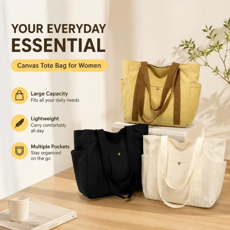 Canvas Tote Bag for Women Large Capacity Shoulder Handbag with Pockets Lightweight 14 inch Laptop Bag Zippered Shopping Bag
Canvas Tote Bag for Women Large Capacity Shoulder Handbag with Pockets Lightweight 14 inch Laptop Bag Zippered Shopping Bag