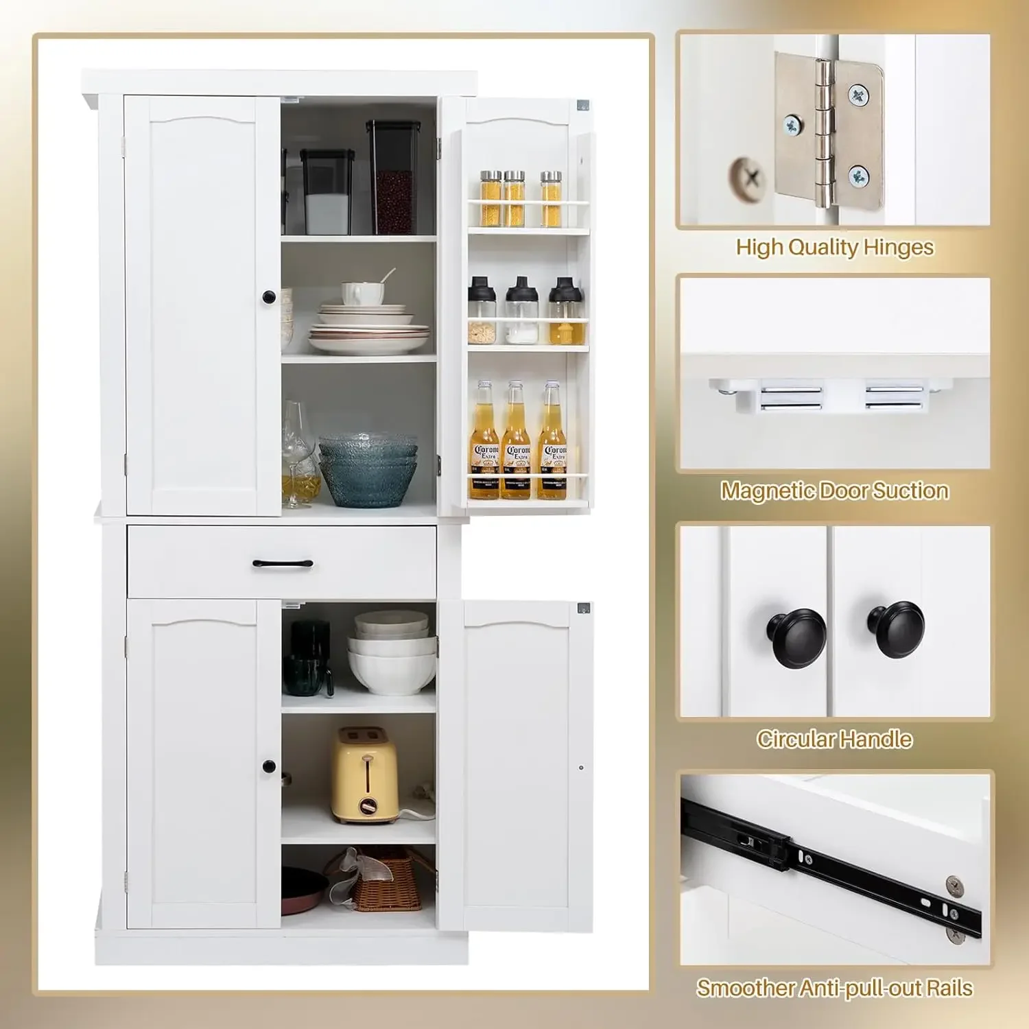 Kitchen Pantry Cabinet, Freestanding Cupboard with Drawer, Adjustable Shelves and Door Storage Shelves, for Kitchen, Living Room
Kitchen Pantry Cabinet, Freestanding Cupboard with Drawer, Adjustable Shelves and Door Storage Shelves, for Kitchen, Living Room