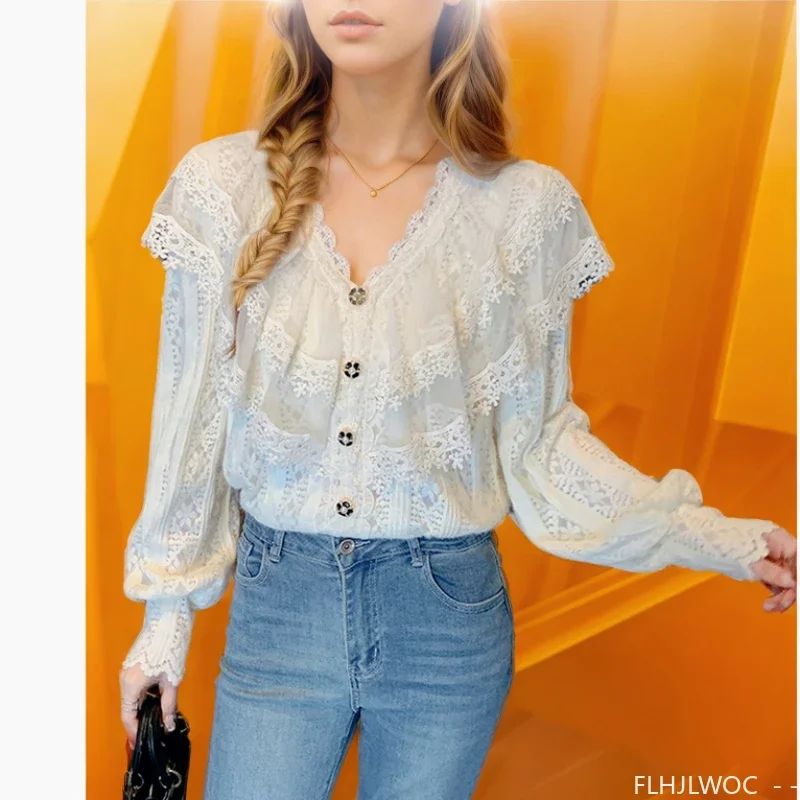 Женская кружевная блузка с длинным рукавом, элегантная Однотонная рубашка для офиса с оборками и вырезами, осень 2024
Женская кружевная блузка с длинным рукавом, элегантная Однотонная рубашка для офиса с оборками и вырезами, осень 2024