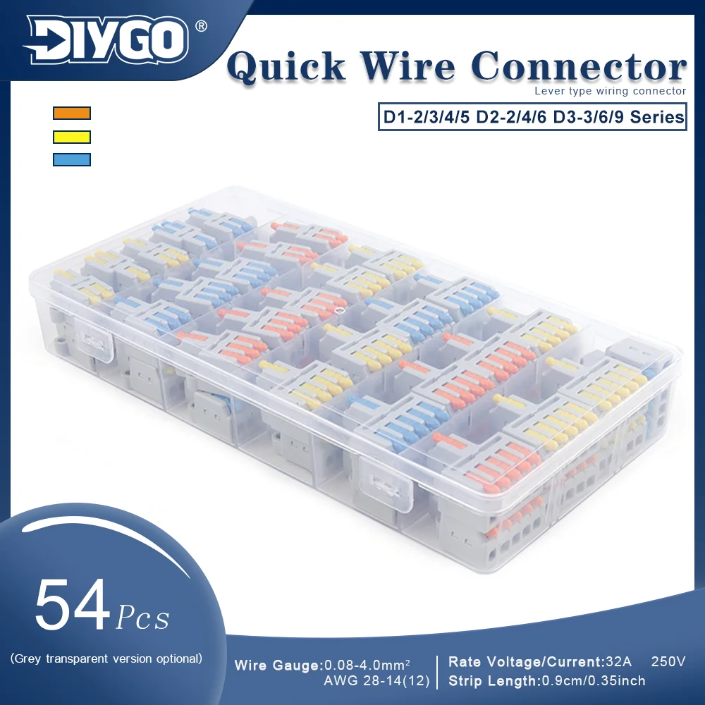 54Pcs/Set D-Series Quick Push In Terminal Block Compact Wire Connector 28-12AWG 32A 250V Electrical Home Wire Cable Splitter
54Pcs/Set D-Series Quick Push In Terminal Block Compact Wire Connector 28-12AWG 32A 250V Electrical Home Wire Cable Splitter
