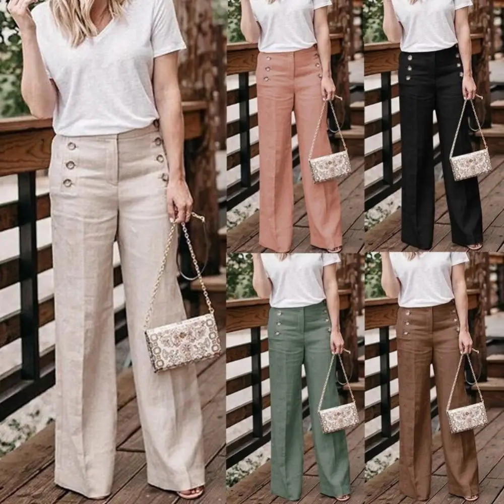 Solid Color Wide Leg High Waist Cotton Long Trousers Button Women Pants Buttons Linen
Solid Color Wide Leg High Waist Cotton Long Trousers Button Women Pants Buttons Linen