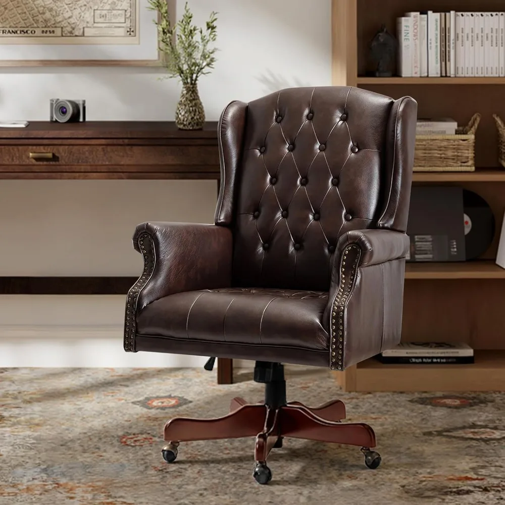 Tufted PU Leather Office Chair with Wingback and Nailhead Trim, Adjustable Swivel Desk Chair with Rolled Armrests.
Tufted PU Leather Office Chair with Wingback and Nailhead Trim, Adjustable Swivel Desk Chair with Rolled Armrests.
