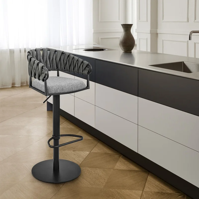 Black Metal Adjustable Swivel Bar Stool with Gray Fabric and Faux Leather Seat
Black Metal Adjustable Swivel Bar Stool with Gray Fabric and Faux Leather Seat
