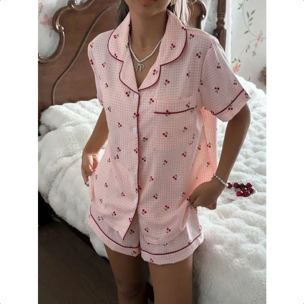 Pink Plaid Cherry Print Pajama Set, Shirt Collar Short Sleeve and Shorts for Women
Pink Plaid Cherry Print Pajama Set, Shirt Collar Short Sleeve and Shorts for Women
