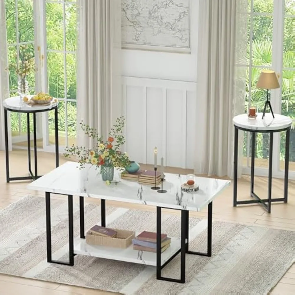 3 Pieces Living Room Table Set, Faux Marble Coffee Table with 2 Round End Side Tables, Coffee Table Set with Metal Frame
3 Pieces Living Room Table Set, Faux Marble Coffee Table with 2 Round End Side Tables, Coffee Table Set with Metal Frame