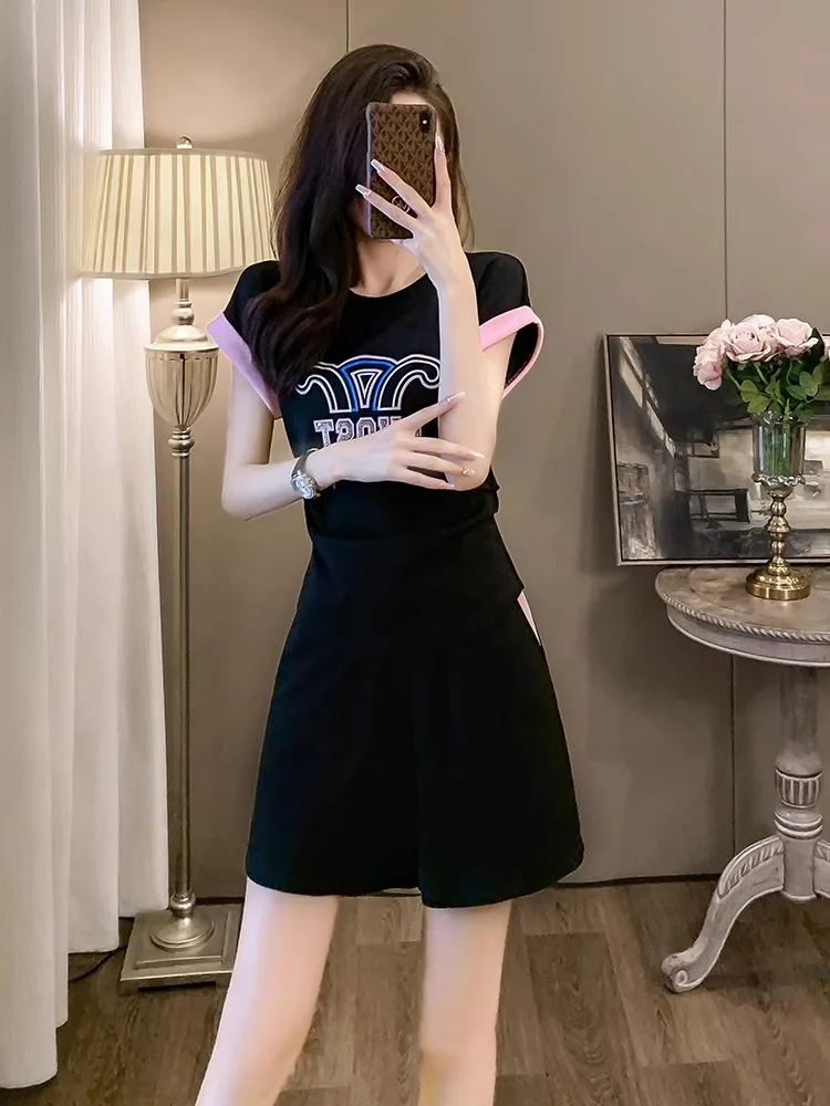 Black Casual Sportswear Set Women's Summer Fashionable Youthful Short Sleeve Shorts Two-Piece Suit Polyester round Neck Overhead
Black Casual Sportswear Set Women's Summer Fashionable Youthful Short Sleeve Shorts Two-Piece Suit Polyester round Neck Overhead