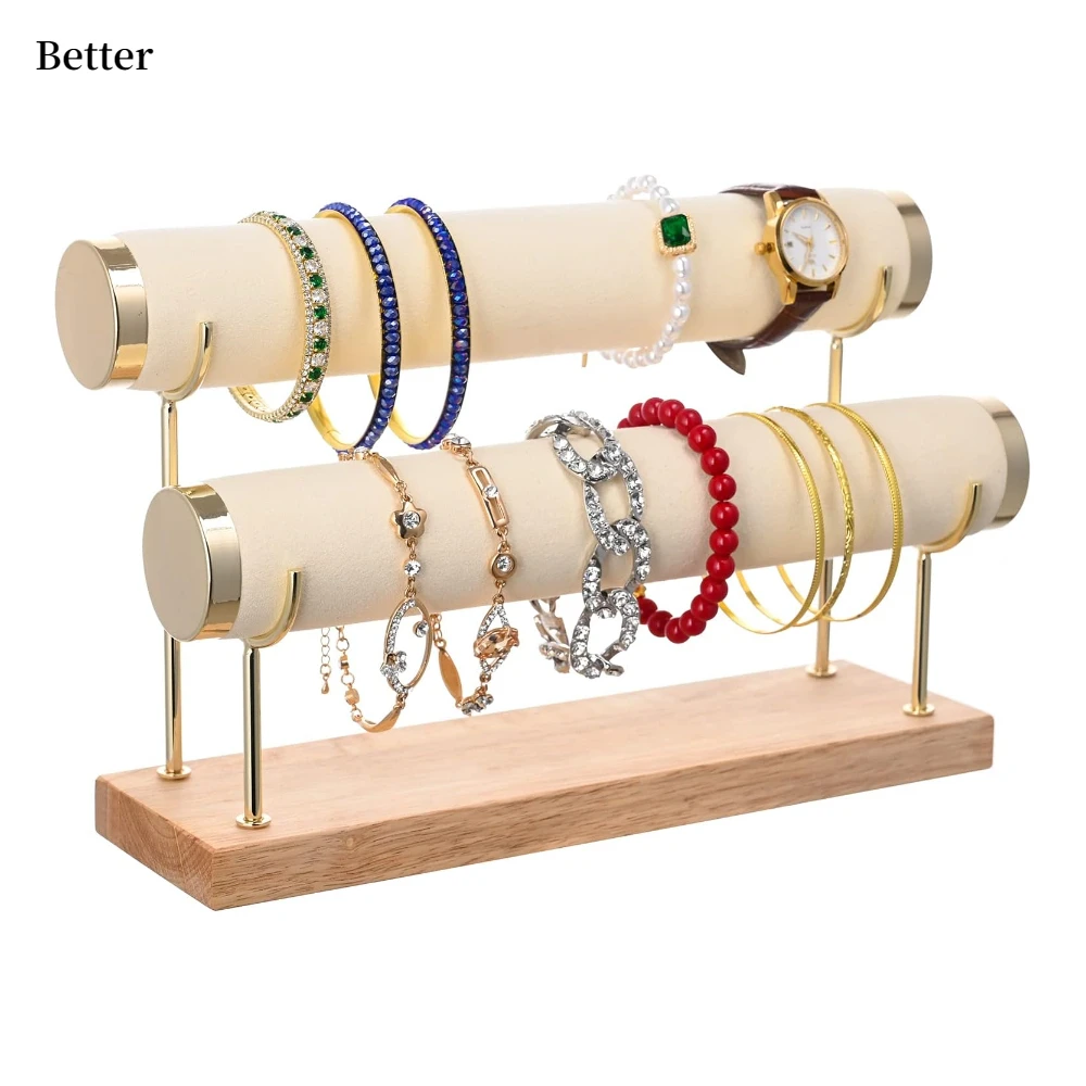 White Bangle Display Holder with T-bar Two Tier Bracelet Stand Storage Towers for Jewelry Organization
White Bangle Display Holder with T-bar Two Tier Bracelet Stand Storage Towers for Jewelry Organization