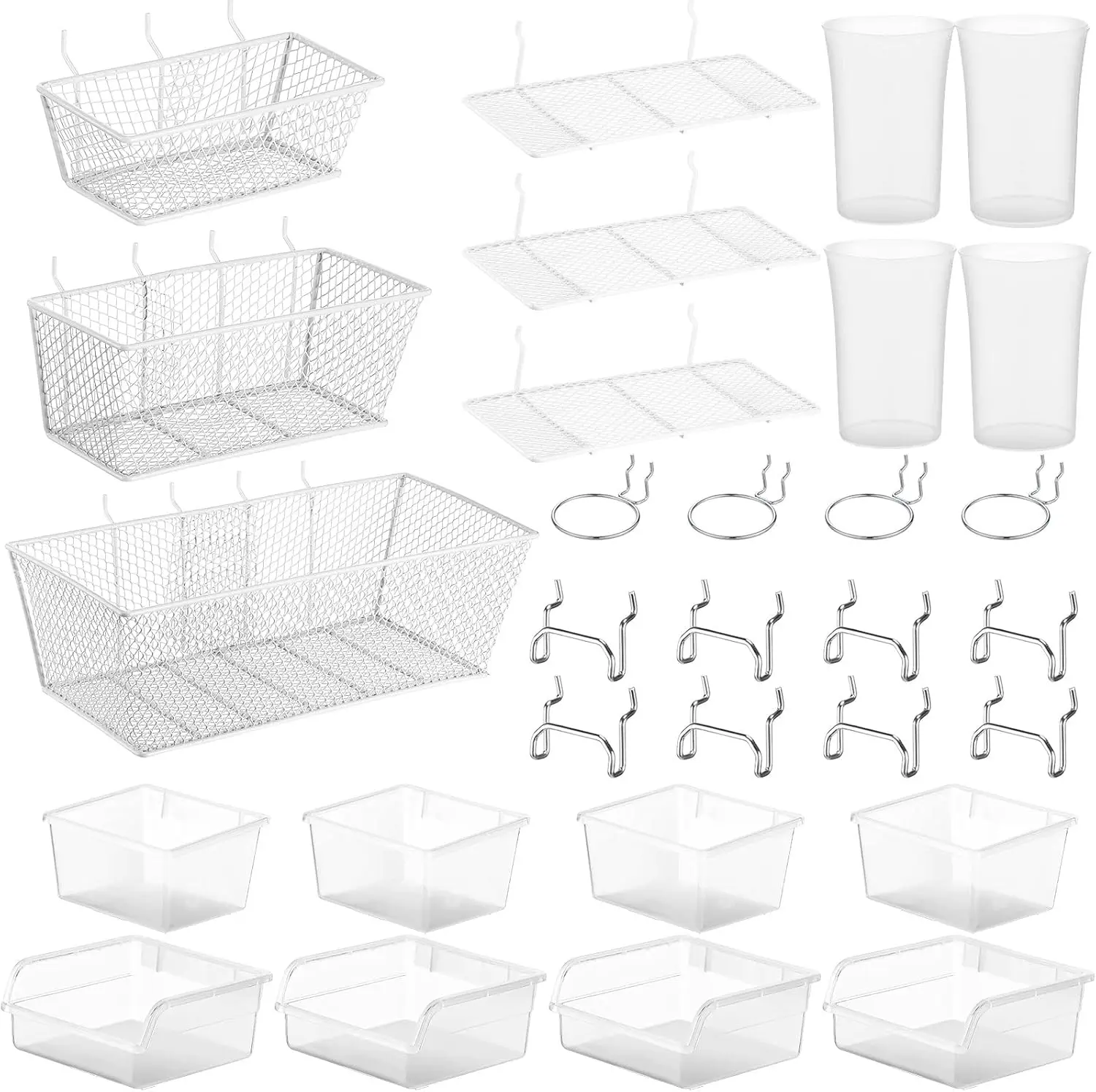 30 Pcs Pegboard Organizer Kit with Shelves, Baskets, Hooks & Cup Holder for Garage Wall Storage in White, Clear, Silver
30 Pcs Pegboard Organizer Kit with Shelves, Baskets, Hooks & Cup Holder for Garage Wall Storage in White, Clear, Silver