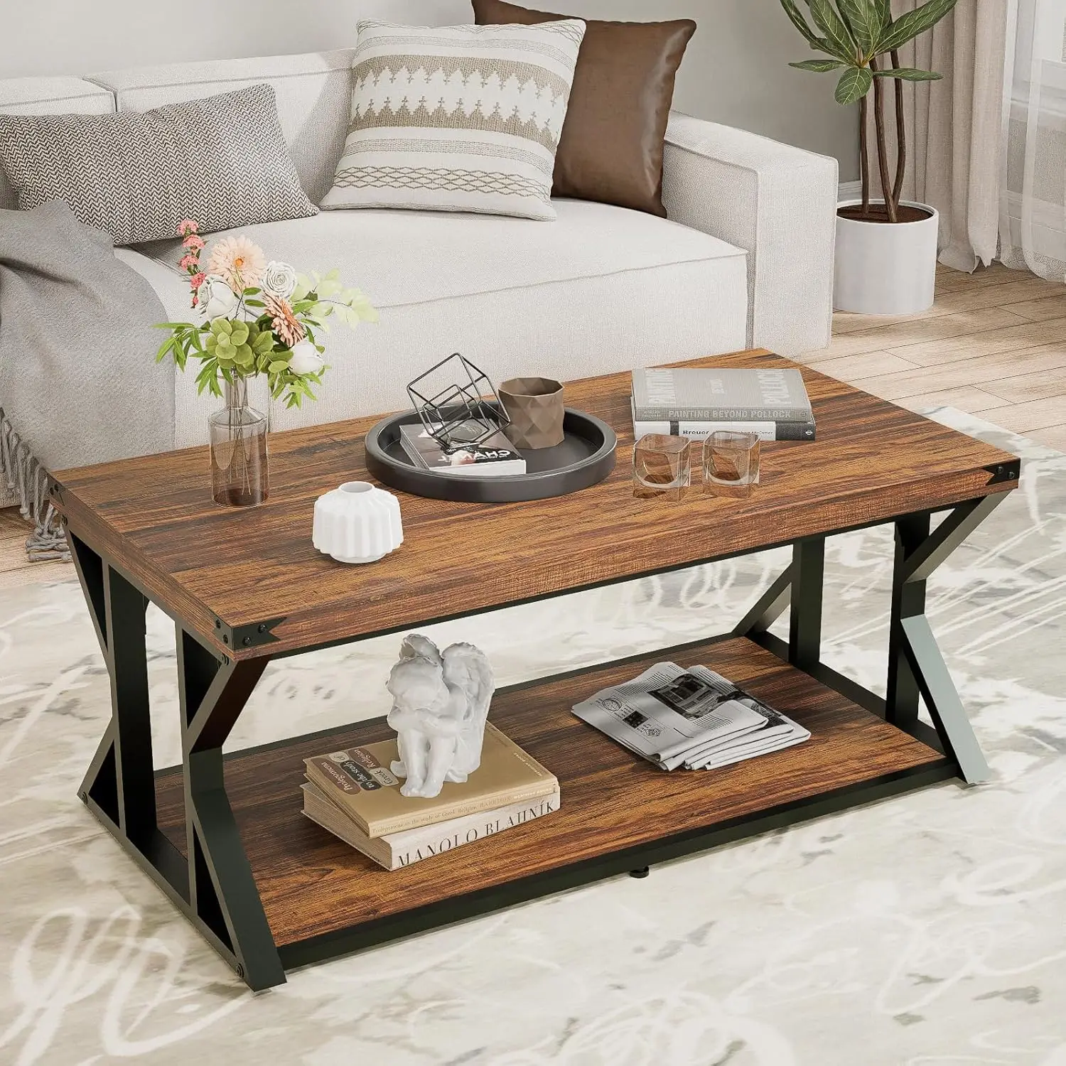 43” Industrial Coffee Table, 2-Tier Farmhouse Center Table with Storage Shelf, Angle Iron Top & Metal Frame, Living Room Cocktai
43” Industrial Coffee Table, 2-Tier Farmhouse Center Table with Storage Shelf, Angle Iron Top & Metal Frame, Living Room Cocktai