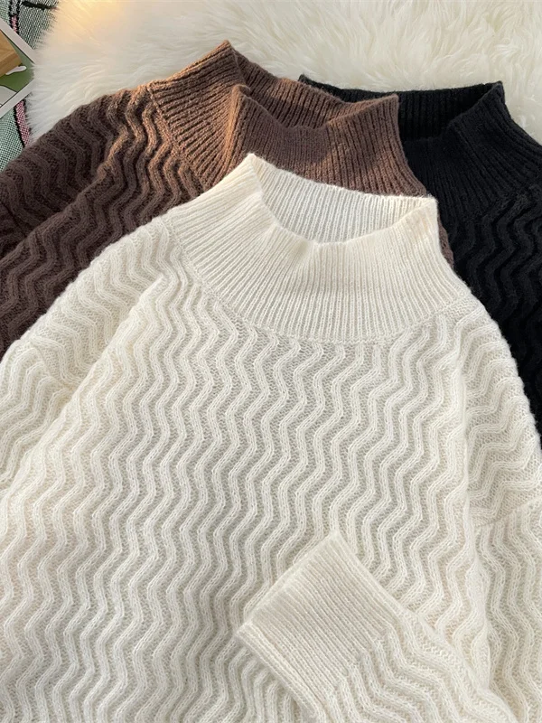 Мужской свободный свитер с высоким воротником, вязаный, с волнообразным узором, в американском стиле, повседневный, с длинными рукавами, термотоп для осени
Мужской свободный свитер с высоким воротником, вязаный, с волнообразным узором, в американском стиле, повседневный, с длинными рукавами, термотоп для осени