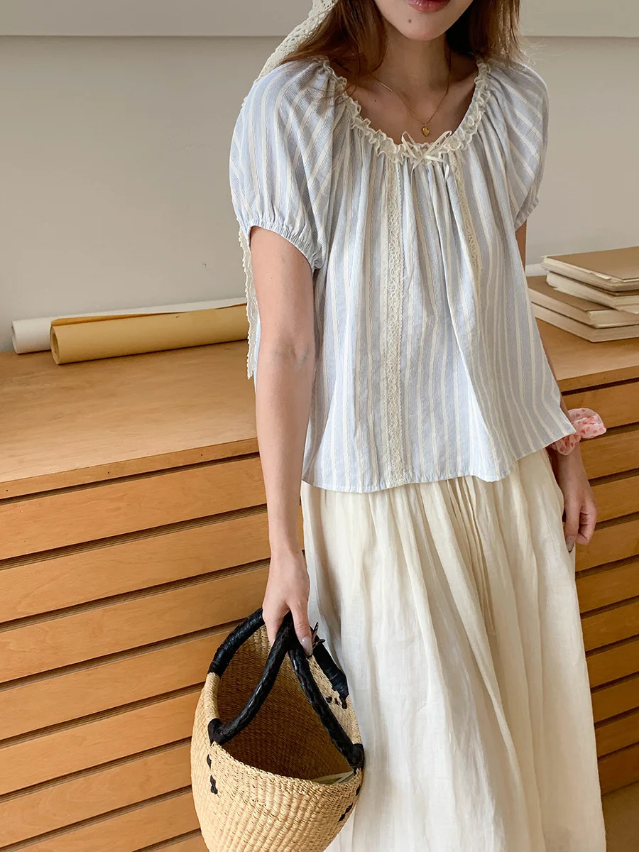 Summer women's casual lace, fungus edge, vertical stripe short sleeved shirt
Summer women's casual lace, fungus edge, vertical stripe short sleeved shirt