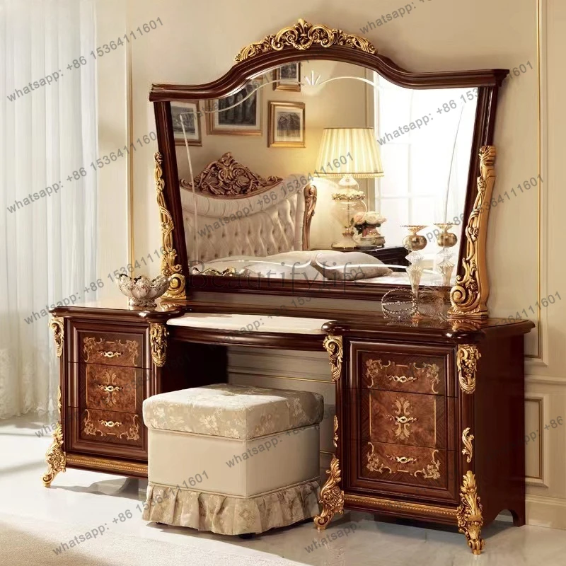 Villa master bedroom furniture European birch carved dresser makeup table mirror combination stool
Villa master bedroom furniture European birch carved dresser makeup table mirror combination stool