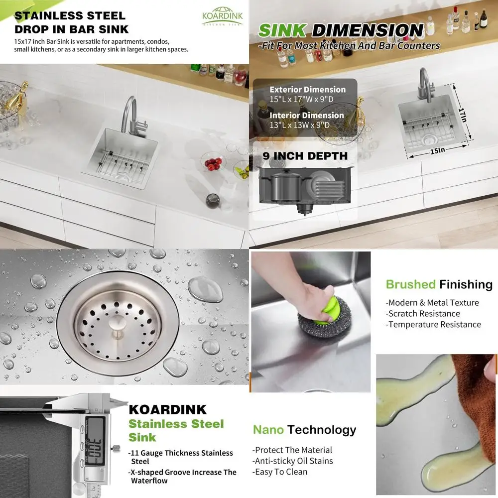 15x17 Modern Stainless Steel Single Bowl Kitchen & Bar Sink Combo with Grid and Drain Strainer
15x17 Modern Stainless Steel Single Bowl Kitchen & Bar Sink Combo with Grid and Drain Strainer