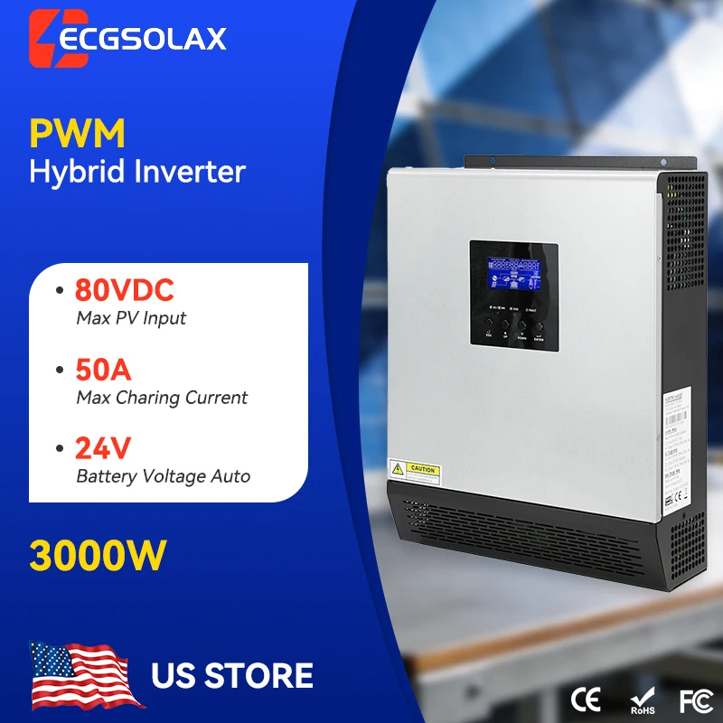 ECGSOLAX 3KW Hybrid Solar Inverter 24V to 110V 120V 2400W Pure Sine Wave Inverter With PWM 50A Charging Controller Max PV 80VDC
ECGSOLAX 3KW Hybrid Solar Inverter 24V to 110V 120V 2400W Pure Sine Wave Inverter With PWM 50A Charging Controller Max PV 80VDC