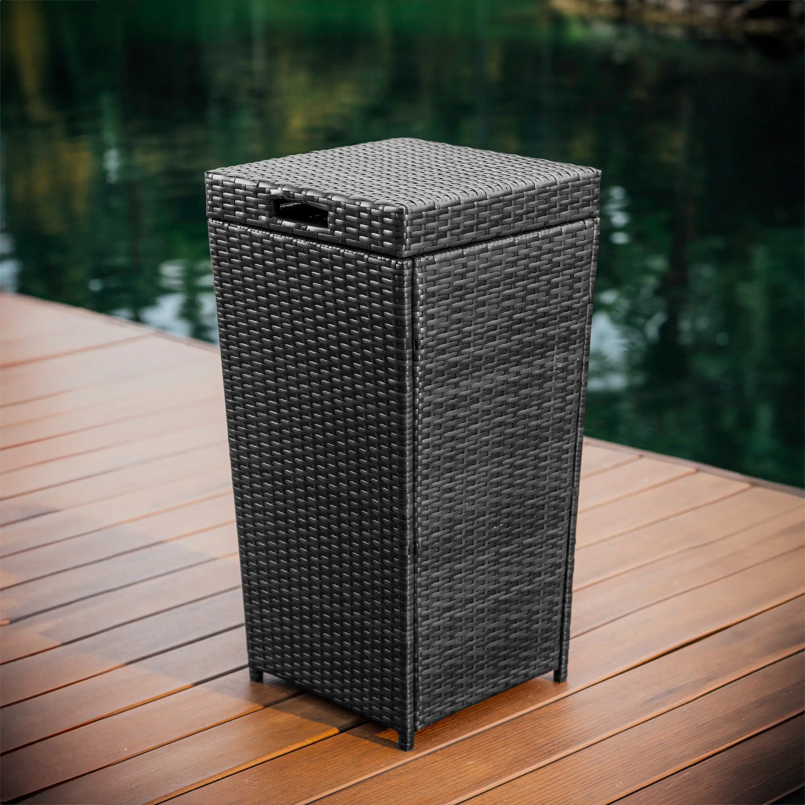 35 Gallon Outdoor Trash Can with Lid, Hideaway Wicker Rattan Garbage Can, Black
35 Gallon Outdoor Trash Can with Lid, Hideaway Wicker Rattan Garbage Can, Black