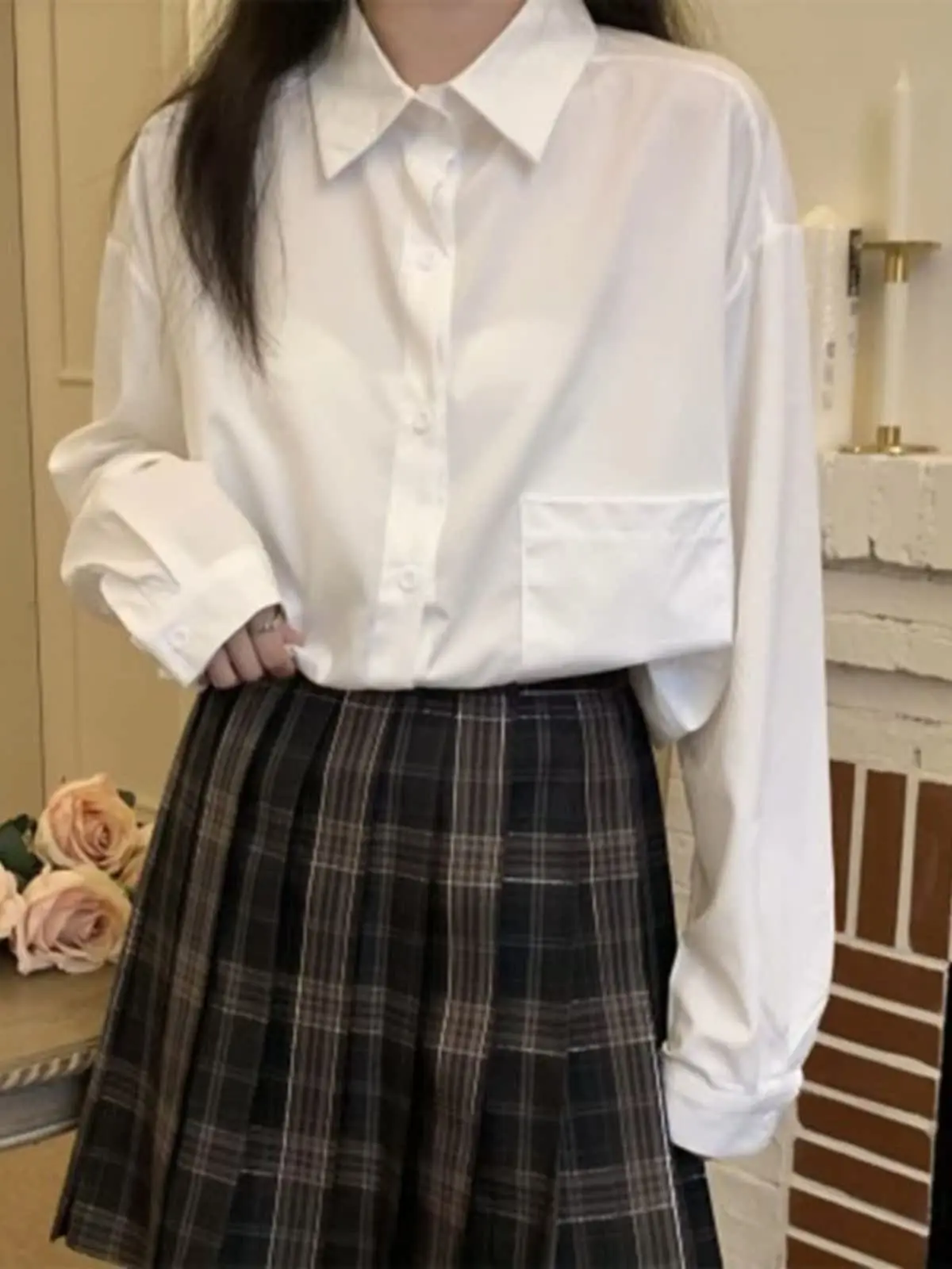 Laid-back Style Loose Women's Collar Shirt Outerwear Spring Autumn White Casual Fashion Pure Color Long Sleeve Button up
Laid-back Style Loose Women's Collar Shirt Outerwear Spring Autumn White Casual Fashion Pure Color Long Sleeve Button up