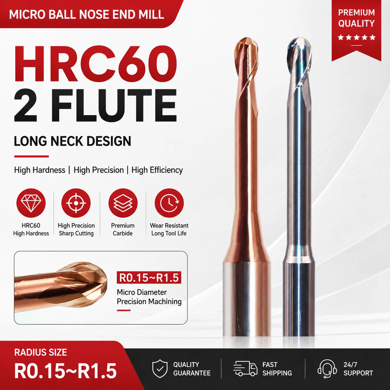HRC60 2-Flute Micro End Mill Cutter R0.15-R1.5 Long Neck Ball Nose Milling Cutter for CNC, Precision Cutting, Tungsten Steel
HRC60 2-Flute Micro End Mill Cutter R0.15-R1.5 Long Neck Ball Nose Milling Cutter for CNC, Precision Cutting, Tungsten Steel