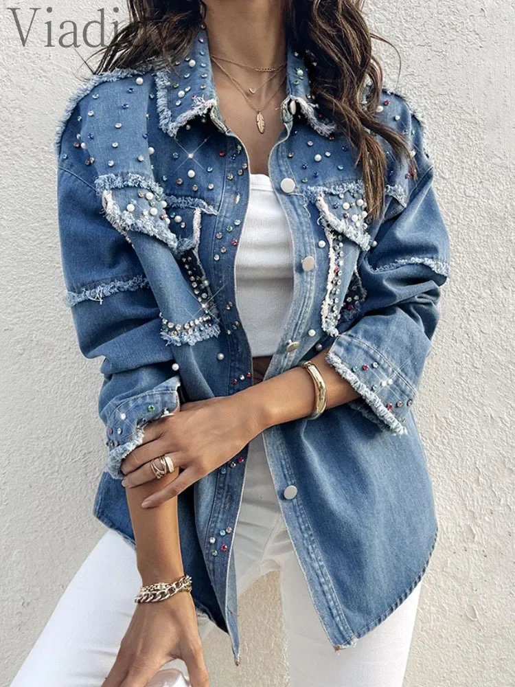 Women's Casual Rhinestone Design Turn-down Collar Long Sleeve Front Button Tassel Denim Blouse Coat with Pocket
Women's Casual Rhinestone Design Turn-down Collar Long Sleeve Front Button Tassel Denim Blouse Coat with Pocket