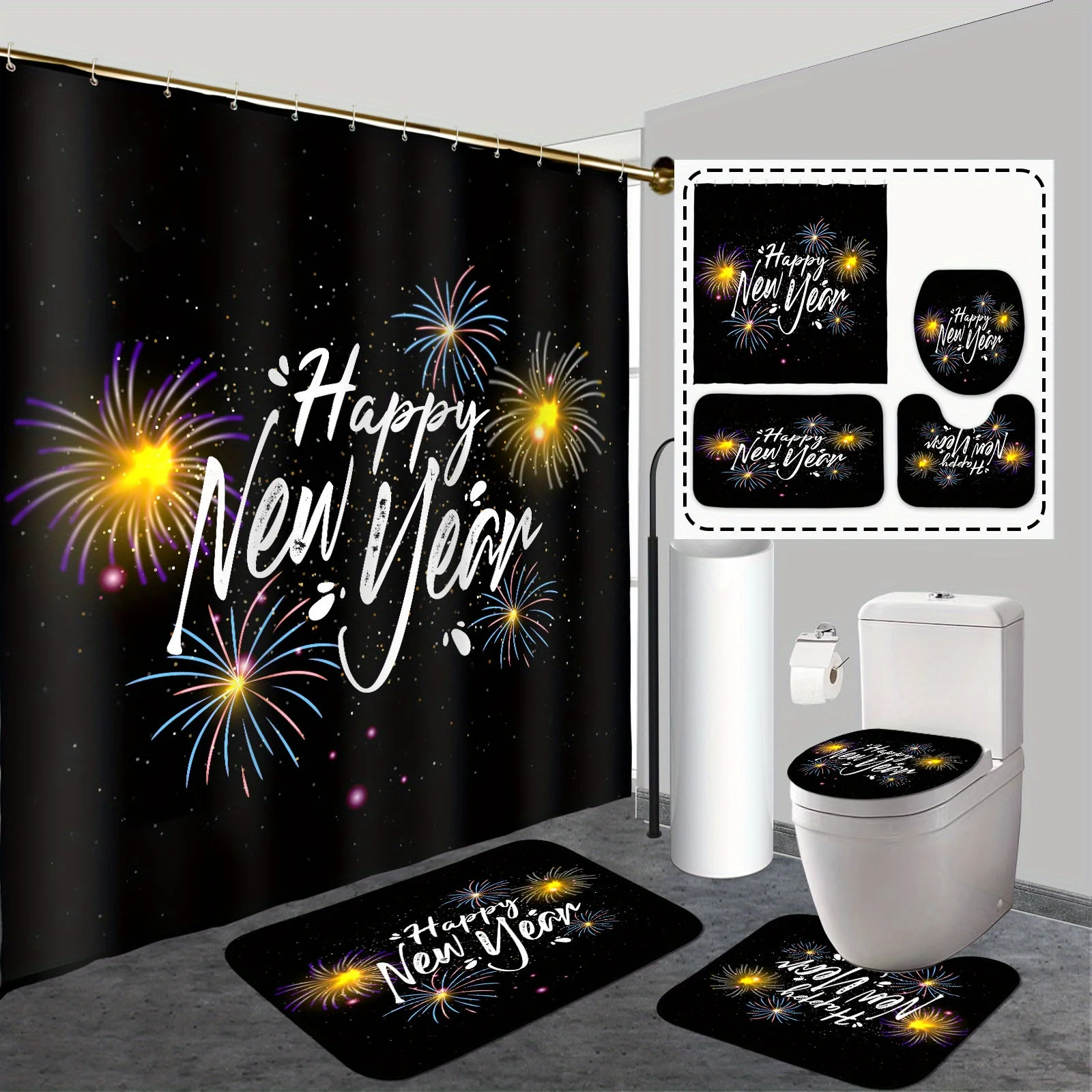 Happy New Year Bathroom Set 4PCS - Fireworks Print Shower Curtain with 12 Hooks, Non-Slip Rug & Toilet Cover for Home Decor
Happy New Year Bathroom Set 4PCS - Fireworks Print Shower Curtain with 12 Hooks, Non-Slip Rug & Toilet Cover for Home Decor