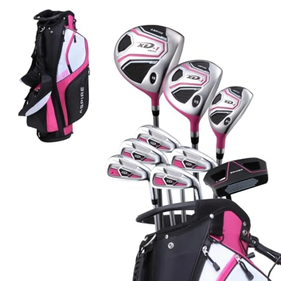 Womens golf clubs full set for on-course play: ultra-light graphite shafts, pink color, includes driver through putter with sta
Womens golf clubs full set for on-course play: ultra-light graphite shafts, pink color, includes driver through putter with sta