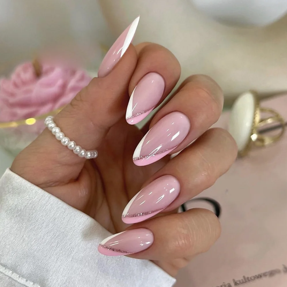 24p White Powder Splicing Beveled Edge Nail Art Fake Nails Artificial French Glitter Line False Nail Removable Press on Nail Tip
24p White Powder Splicing Beveled Edge Nail Art Fake Nails Artificial French Glitter Line False Nail Removable Press on Nail Tip