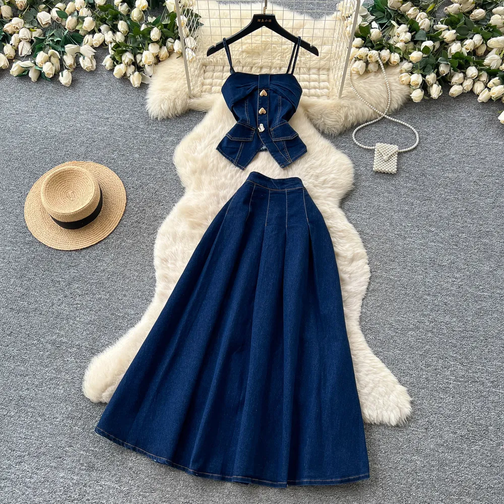 Women Two Piece Sets Skirt Set Sling Denim Sleeveless Sexy Tops Long Skirts A Line High Waist Y2k Streetwear Elegant Work Summer
Women Two Piece Sets Skirt Set Sling Denim Sleeveless Sexy Tops Long Skirts A Line High Waist Y2k Streetwear Elegant Work Summer