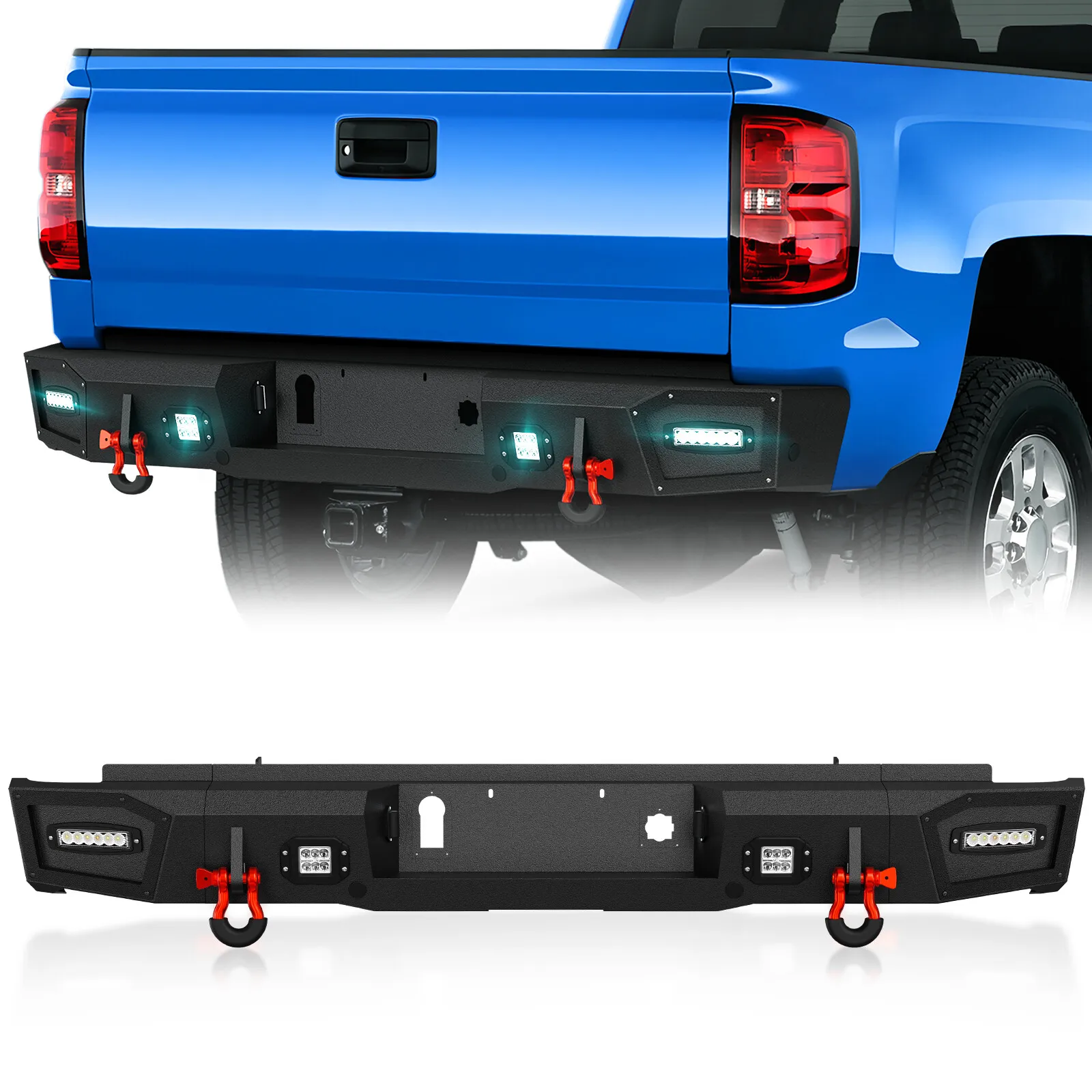 Rear Step Bumper with Sensor Holes, 4 X 18W LED Lights & D-rings for 2015-2019 Chevy Silverado/GMC Sierra 2500 3500 HD Pickup
Rear Step Bumper with Sensor Holes, 4 X 18W LED Lights & D-rings for 2015-2019 Chevy Silverado/GMC Sierra 2500 3500 HD Pickup