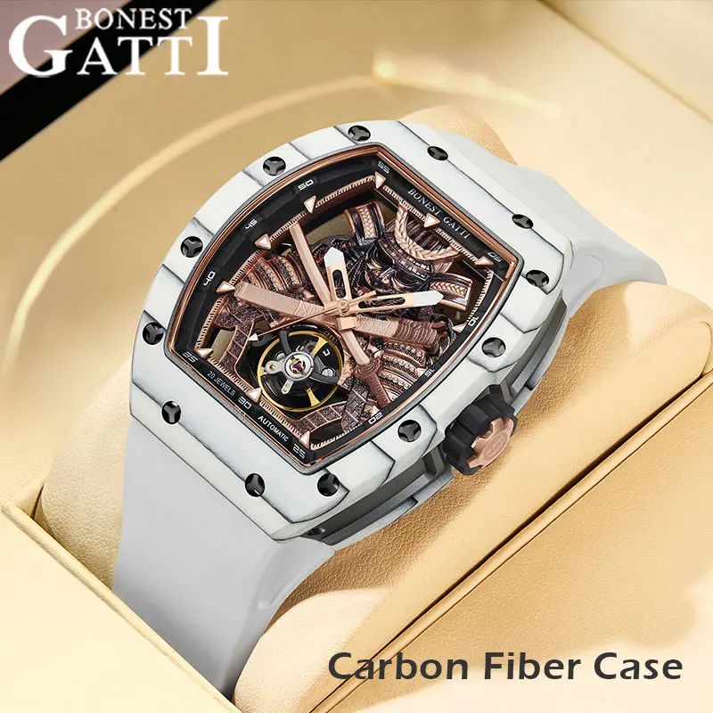 BONEST GATTI Men Automatic Watch Real Tourbillon Tonneau Mechanical Wristwatch Carbon Fiber Case Rubber Strap Watches For Men
BONEST GATTI Men Automatic Watch Real Tourbillon Tonneau Mechanical Wristwatch Carbon Fiber Case Rubber Strap Watches For Men