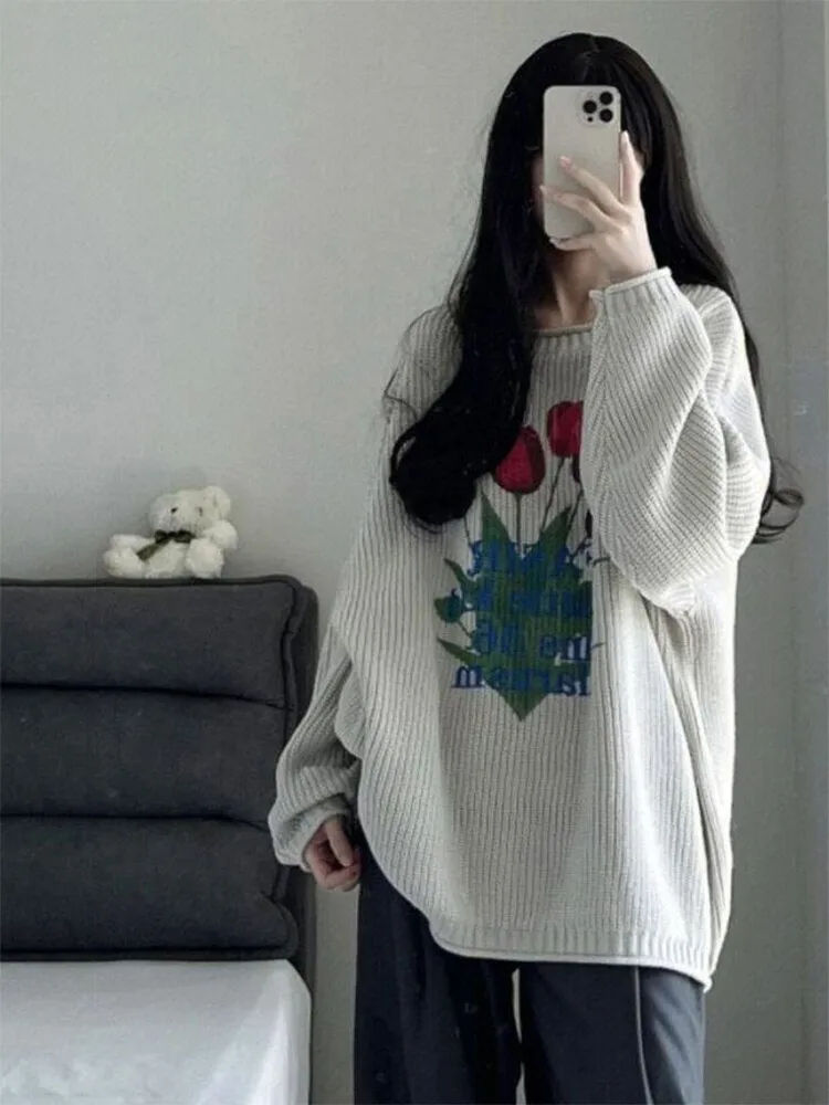 Women's Retro Casual Knitted Sweater Oversized Sweaters Creative Pattern Printing Lazy Pullover Grey Korean Street juku Original
Women's Retro Casual Knitted Sweater Oversized Sweaters Creative Pattern Printing Lazy Pullover Grey Korean Street juku Original