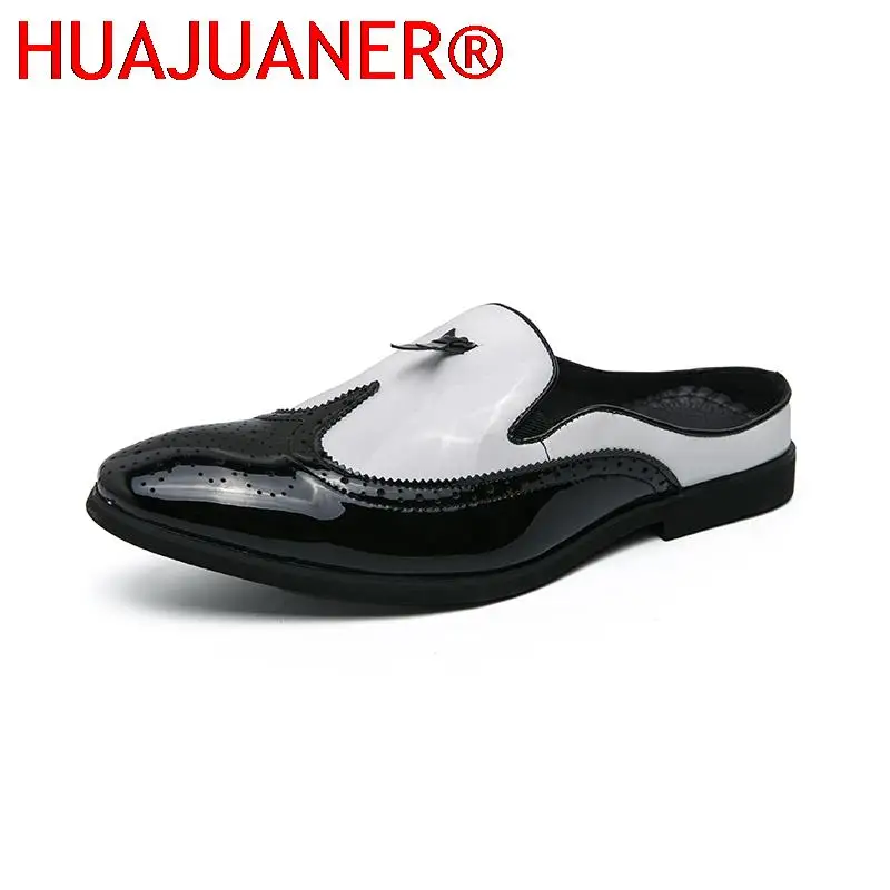 New Flats Men's Half Slippers Patent Leather Classic Brogues Black Summer PU Leather Men Dress Shoes Wedding Party Slides
New Flats Men's Half Slippers Patent Leather Classic Brogues Black Summer PU Leather Men Dress Shoes Wedding Party Slides