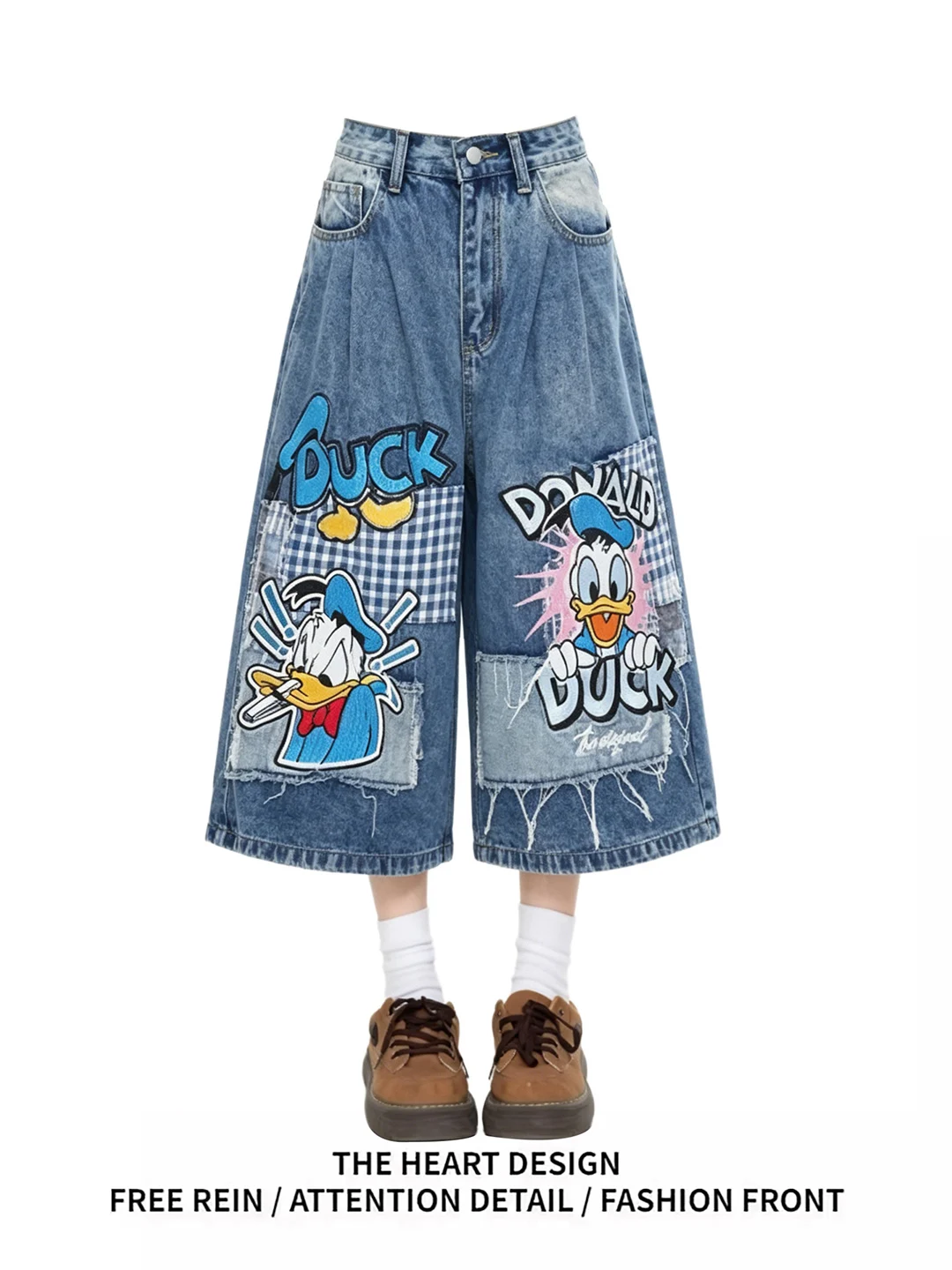Retro American Cartoon Patchwork Embroidered Washed Denim Shorts Women Summer Loose Straight Wide Leg Seven Pants
Retro American Cartoon Patchwork Embroidered Washed Denim Shorts Women Summer Loose Straight Wide Leg Seven Pants