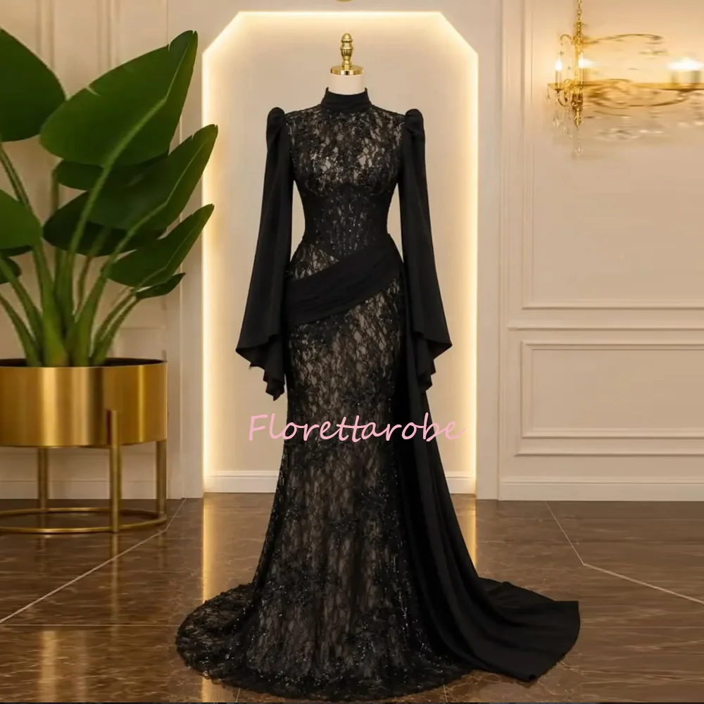 Exquisite Black Lace Mermaid Evening Dress Customized High Neck Long Sleeves Sequined Sweep Train Arabian Prom Gown
Exquisite Black Lace Mermaid Evening Dress Customized High Neck Long Sleeves Sequined Sweep Train Arabian Prom Gown
