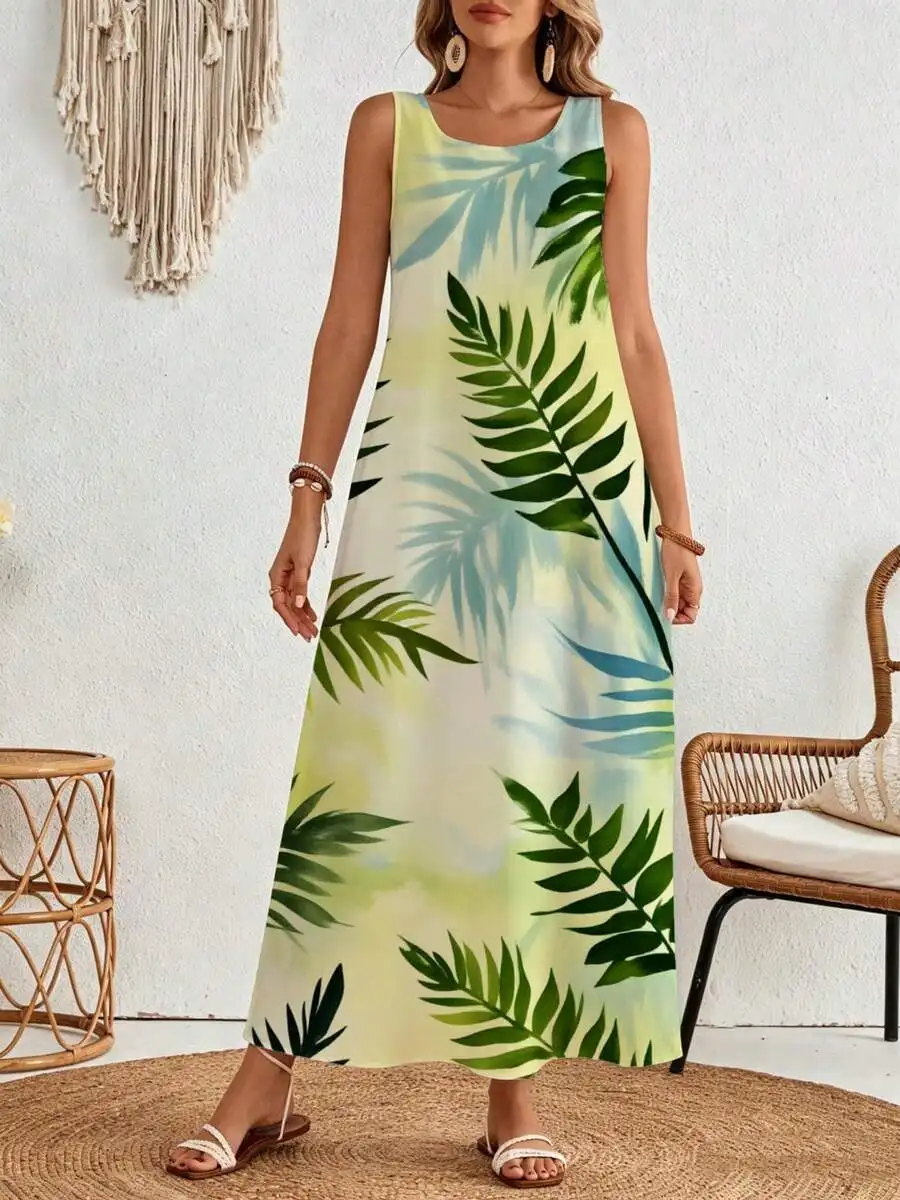 Sleeveless Maxi Dress Yellow Green Blue Tropical Leaf Print Beach Vacation Summer Wear
Sleeveless Maxi Dress Yellow Green Blue Tropical Leaf Print Beach Vacation Summer Wear
