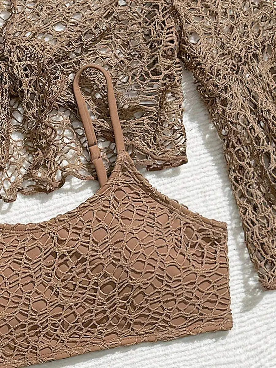 Brown Lace Knit Two-Piece Swimsuit Set With Mesh Cover-Up And Elastic Waist Shorts For Summer Beach Vacation
Brown Lace Knit Two-Piece Swimsuit Set With Mesh Cover-Up And Elastic Waist Shorts For Summer Beach Vacation