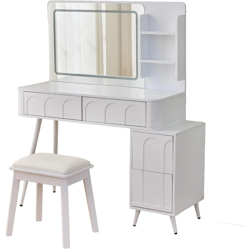 Makeup table with LED light mirror, 4-drawer vanity table with chairs, 3-color brightness
Makeup table with LED light mirror, 4-drawer vanity table with chairs, 3-color brightness