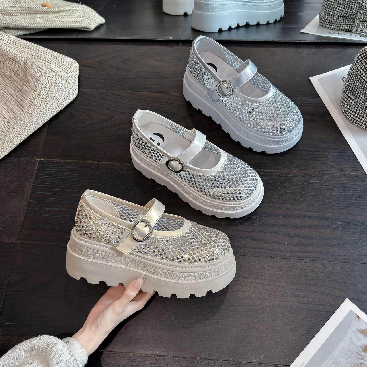 Women Rhinestone Mesh MaryJane Platform Shoes Breathable Hollow Out Wedge Loafers Buckle Strap Casual Summer Footwear Daily Wear
Women Rhinestone Mesh MaryJane Platform Shoes Breathable Hollow Out Wedge Loafers Buckle Strap Casual Summer Footwear Daily Wear