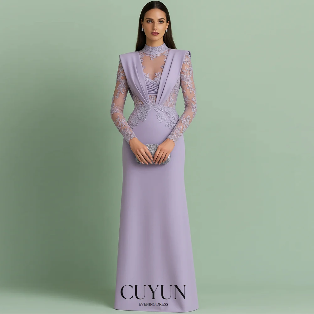 CUYUN Lavender Women Prom Dresses High Collar Lace Long Sleeves Customized Formal Evening Dresses Party Gown
CUYUN Lavender Women Prom Dresses High Collar Lace Long Sleeves Customized Formal Evening Dresses Party Gown