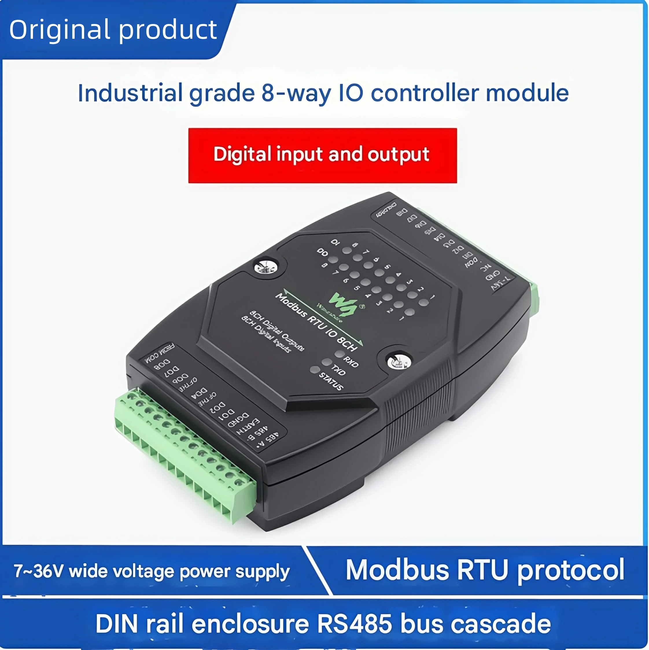 Industrial grade 8-channel digital input and output DIN-rail type DC7~36V wide voltage Modbus RTU module
Industrial grade 8-channel digital input and output DIN-rail type DC7~36V wide voltage Modbus RTU module